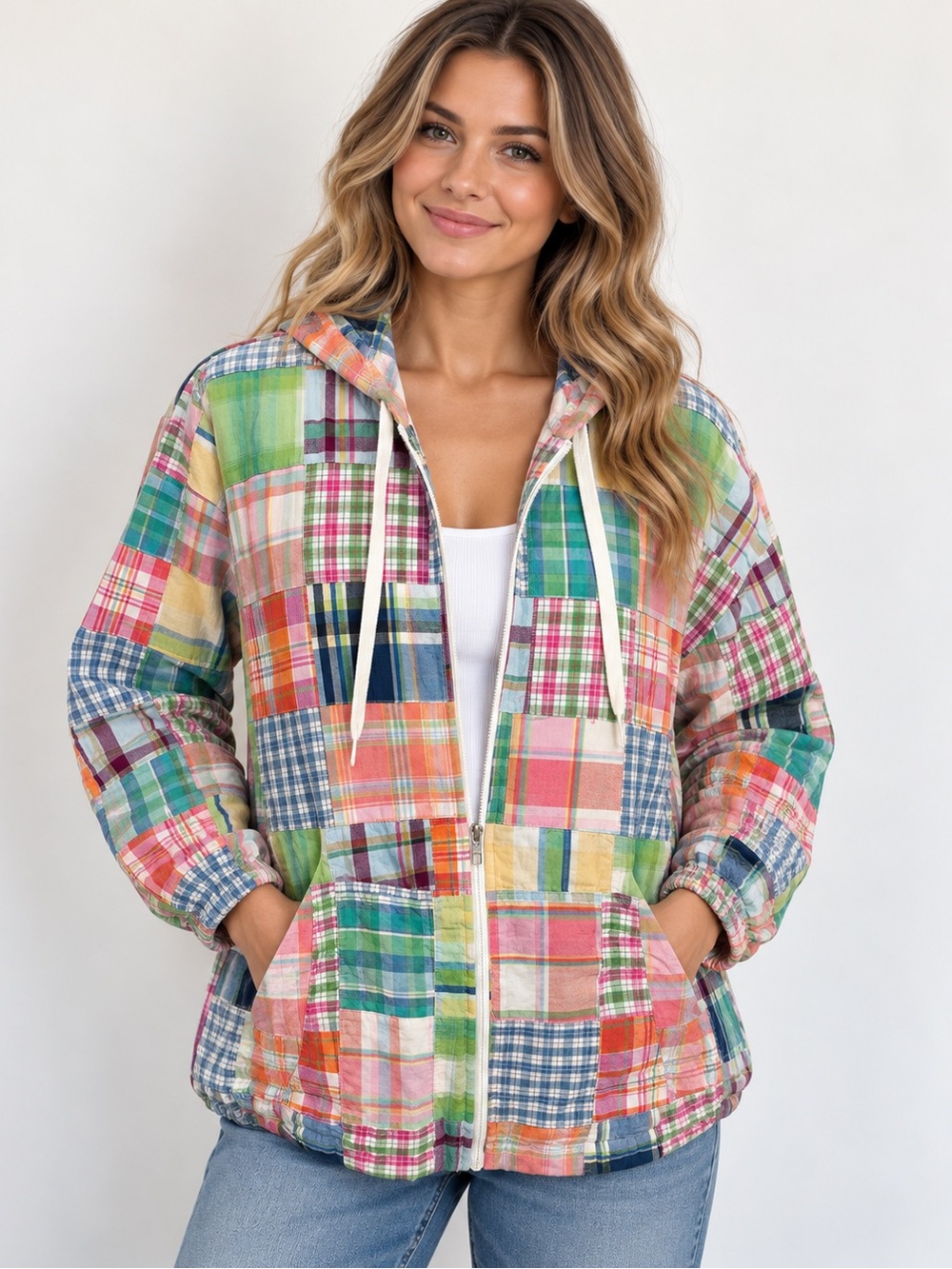 Serengeti Patchwork Madras Plaid Hooded Jacket Multicolor Cotton XL 2X Boho - Picture 10 of 10